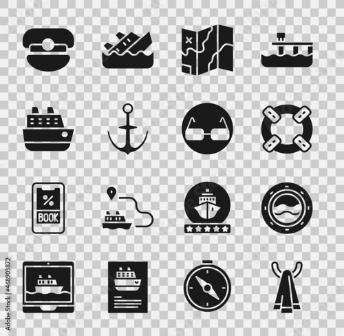 Set Towel on a hanger, Ship porthole with seascape, Lifebuoy, Folded map, Anchor, Cruise ship, Captain hat and Glasses icon. Vector