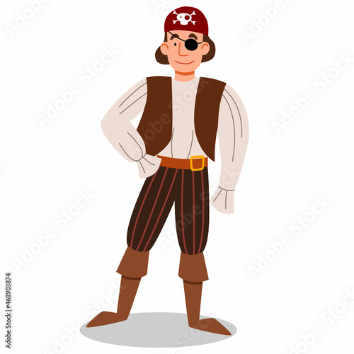 a pirate character in a suit, in a bandana and with an eye patch. vector illustration of a pirate sailor isolated on a white background