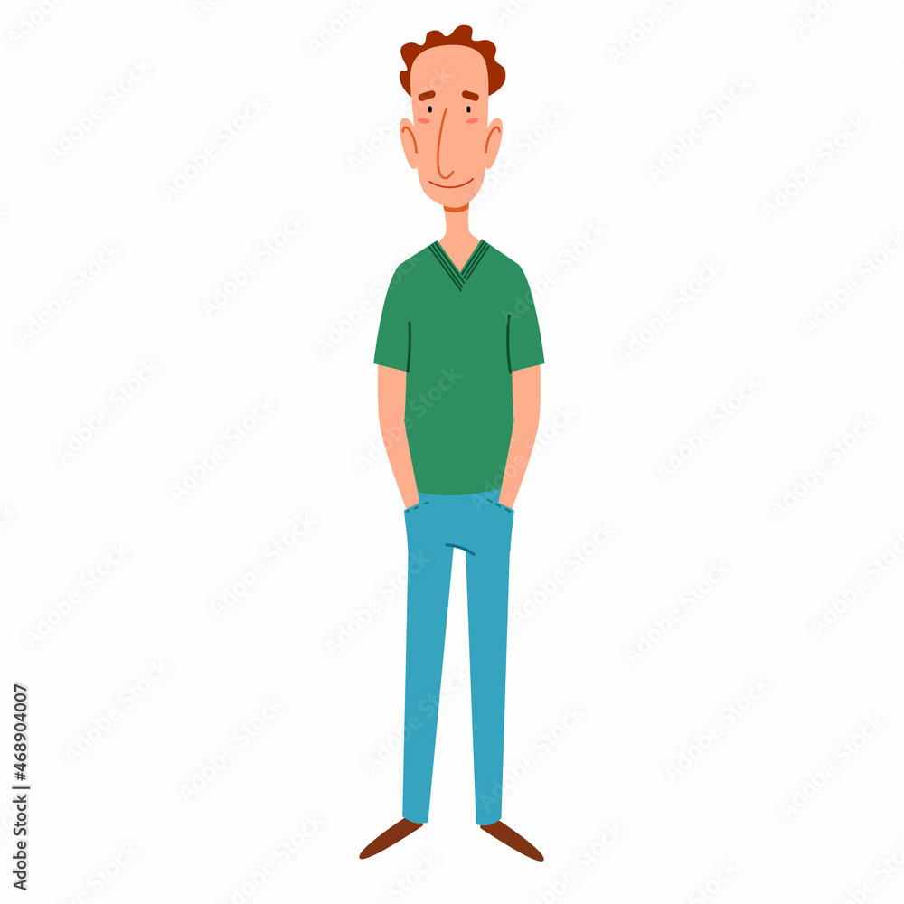 a thin, red-haired man with his hands in his pockets. Vector illustration in a flat cartoon style.