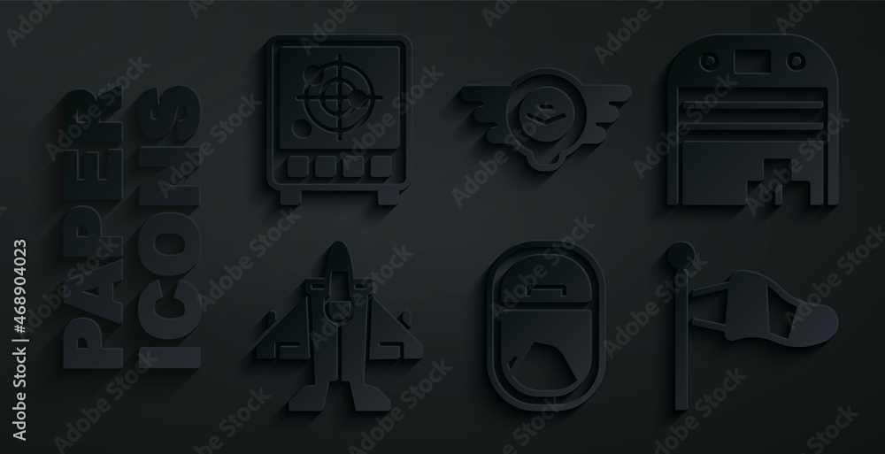 Set Airplane window, Aircraft hangar, Jet fighter, Cone meteorology windsock, Aviation emblem and Radar with targets monitor icon. Vector Set Airplane window, Aircraft hangar, Jet fighter, Cone meteorology windsock, Aviation emblem and Radar with targets monitor icon. Vector