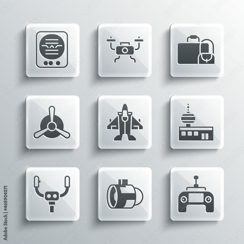 Set Jet engine turbine, Drone remote control, Airport tower, fighter, Aircraft steering helm, Plane propeller, Attitude indicator and Suitcase icon. Vector Set Jet engine turbine, Drone remote control, Airport tower, fighter, Aircraft steering helm, Plane propeller, Attitude indicator and Suitcase icon. Vector