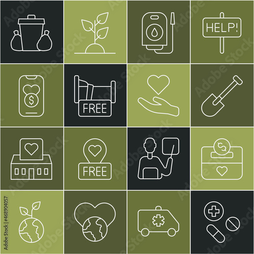 Set line Medicine pill or tablet, Donation and charity, Shovel, Blood donation, Free overnight stay house, Trash can and Heart hand icon. Vector