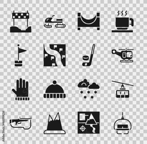 Set Ski lift, Cable car, Rescue helicopter, Skate park, Route location, Location marker, Ribbon in finishing line and Ice hockey stick and puck icon. Vector