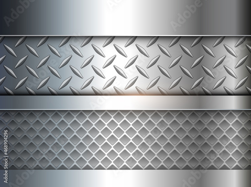 Silver polished steel  texture background, shiny chrome metallic with diamond plate texture, 3d vector lustrous metal design.