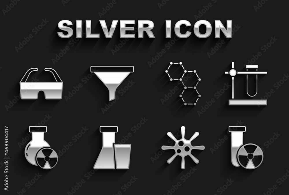 Set Test tube and flask, on stand, radiation, Bacteria, Chemical formula, Safety goggle glasses and Funnel filter icon. Vector Set Test tube and flask, on stand, radiation, Bacteria, Chemical formula, Safety goggle glasses and Funnel filter icon. Vector