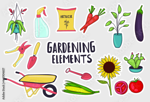 Colorful Hand Drawn Gardening Elements Stickers Collection