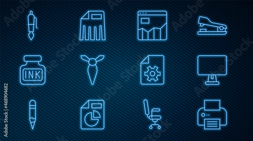 Set line Printer, Computer monitor, Graph chart infographic, Tie, Inkwell, Fountain pen nib, Document settings and Paper shredder icon. Vector