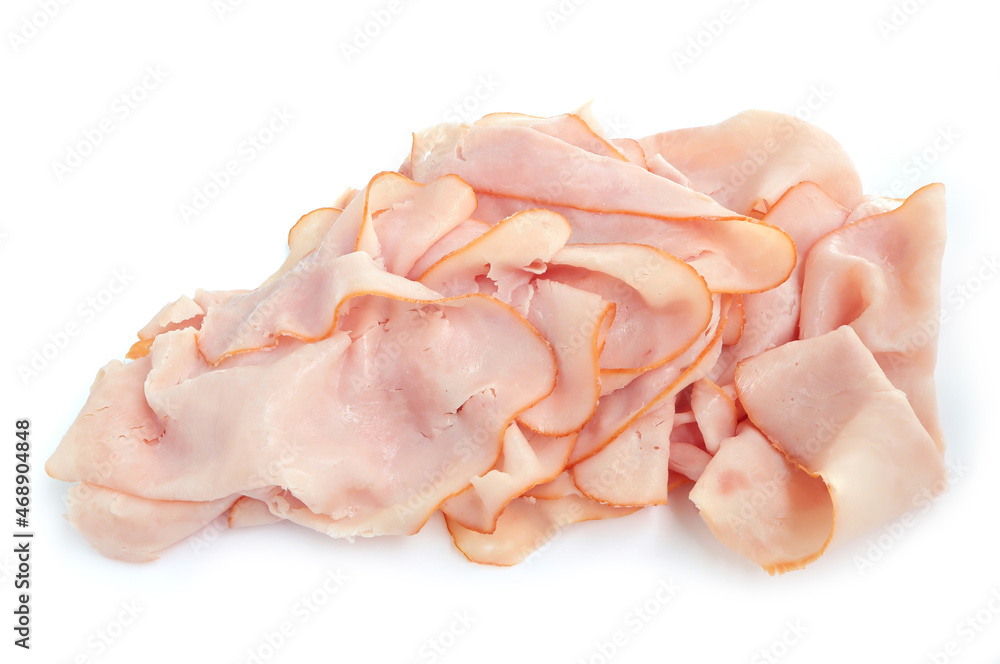 Thin slices of ham, Sliced ham on white background. Thin slices of ham, Sliced ham on white background.