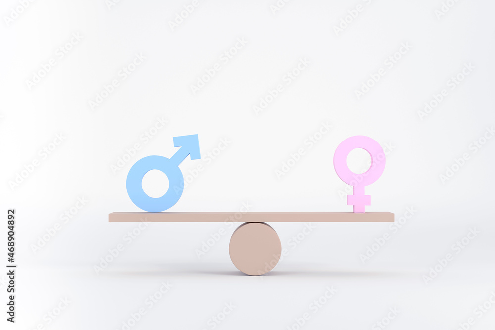 Gender equality concept. Gender symbols balancing on wooden seesaw. Gender equality concept. Gender symbols balancing on wooden seesaw.