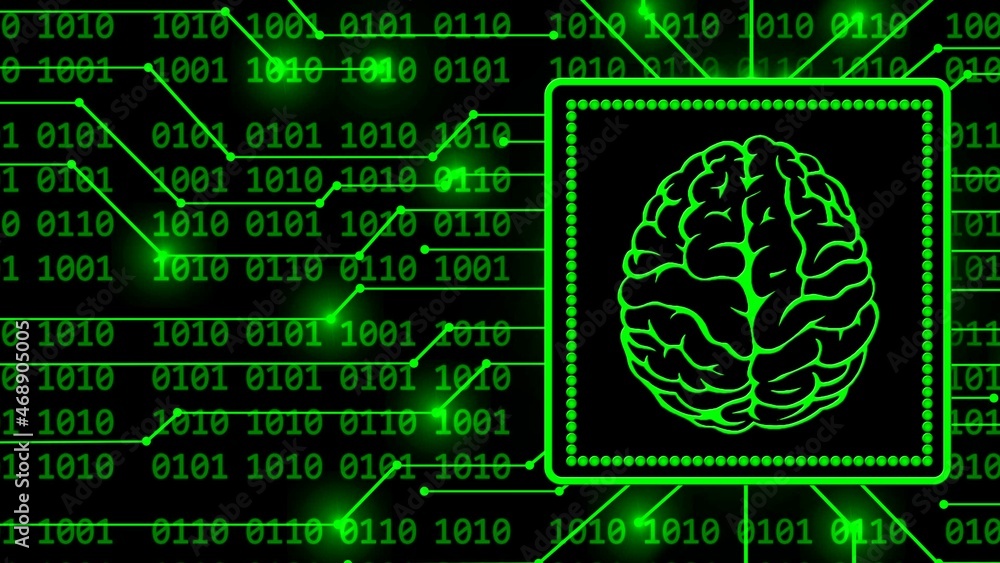 Brain symbol in frame - abstract background of 4-digit binary code ...