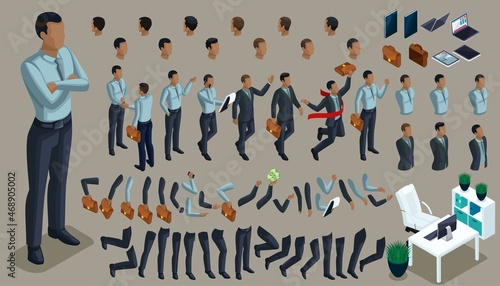 Large isometric Set of gestures of hands and feet 3d character of an African American businessman. Create your character office worker, walks around or sits for