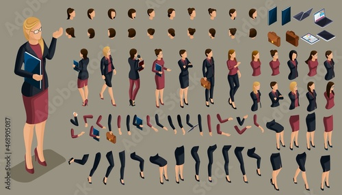 Large isometric Set of hand and foot gestures of a woman, to create a 3D business lady character. Create your isometric office worker for vector illustrations