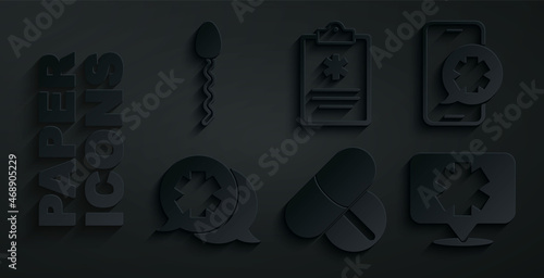 Set Medicine pill or tablet, Emergency phone call, Dialogue with the doctor, Medical symbol of, Clinical record and Sperm icon. Vector