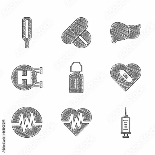 Set Eye drop bottle, Heart rate, Syringe, Healed broken heart, Hospital signboard, Human organ liver and Medical thermometer icon. Vector