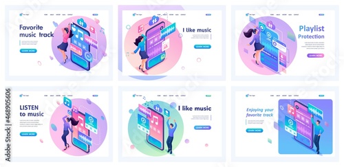 Collection of landing pages. Teenagers listen to music, enjoy, dance, have fun. I love music. Isometric characters