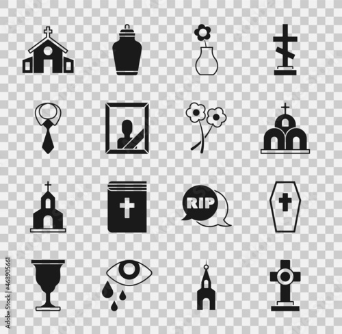 Set Grave with cross, Coffin, Church building, Flower vase, Mourning photo frame, Tie, and icon. Vector