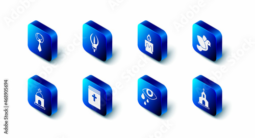 Set Lily flower, Burning candle, Dove, Church building, Tear cry eye, Holy bible book, Old crypt and Tie icon. Vector