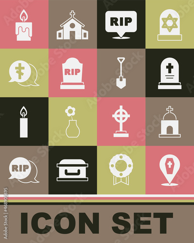 Set Coffin with cross, Old crypt, Grave tombstone, Speech bubble rip death, Tombstone RIP written, Burning candle and Shovel icon. Vector