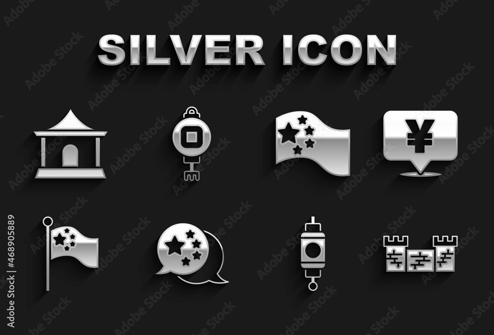 Set China flag, Chinese Yuan currency, Great wall of, paper lantern, on flagpole, house and icon. Vector Set China flag, Chinese Yuan currency, Great wall of, paper lantern, on flagpole, house and icon. Vector