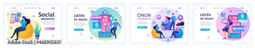 Collection of landing pages. Social networks, messengers, listen to music online. 2D characters