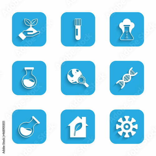 Set Magnifying glass with globe, Eco friendly house, Bacteria, DNA symbol, Test tube and flask, Chemical explosion and Plant hand icon. Vector