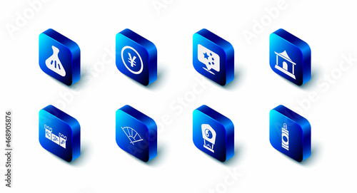 Set Chinese Yuan currency, China flag, house, Firework, paper lantern, japanese folding fan, Great wall of and Dumpling icon. Vector