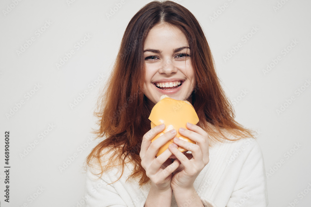 cheerful woman eating sandwich snack fast food cheerful woman eating sandwich snack fast food