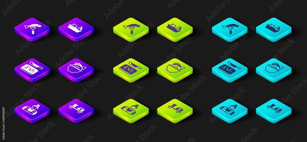 Set Fisherman, Sushi on cutting board, Cutting and knife, Served fish bowl, Fishing boat and plate icon. Vector Set Fisherman, Sushi on cutting board, Cutting and knife, Served fish bowl, Fishing boat and plate icon. Vector