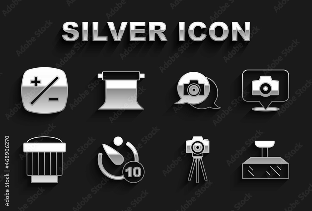 Set Camera timer, Photo camera, Softbox light, photo lens, Exposure compensation and Empty studio icon. Vector Set Camera timer, Photo camera, Softbox light, photo lens, Exposure compensation and Empty studio icon. Vector