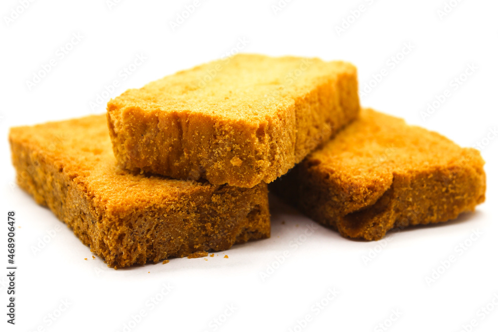Crispy rusk on white background with selective focus Stock Photo ...
