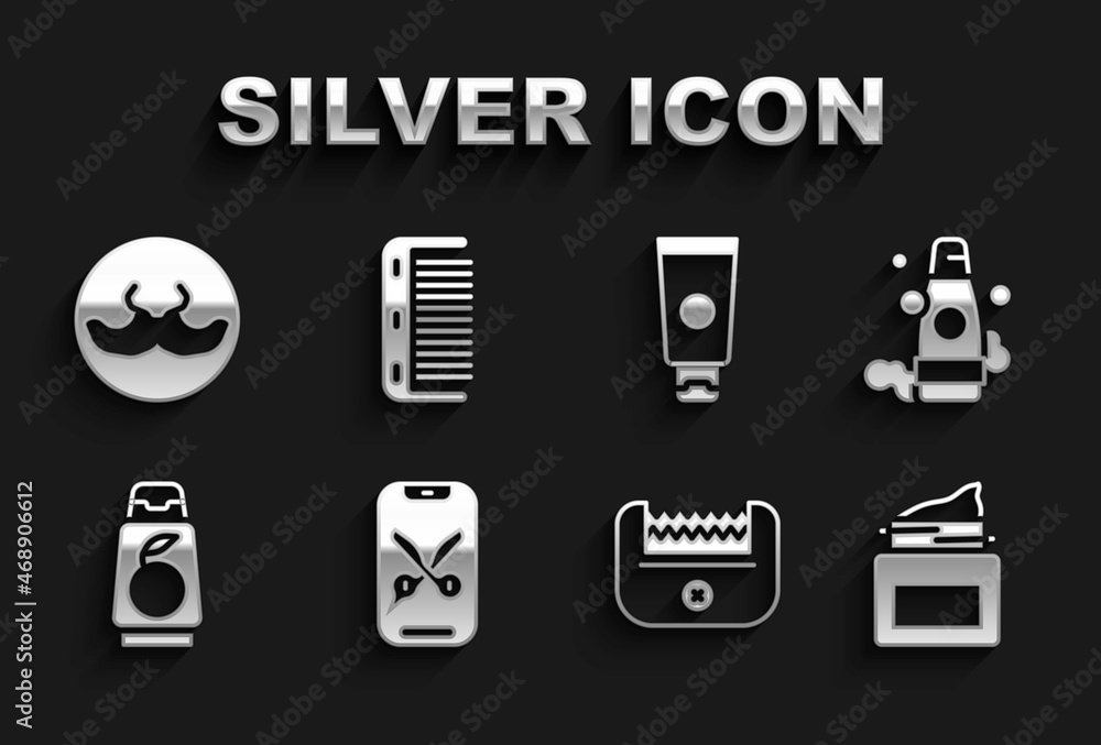 Set Barber online service or platform, Bottle of shampoo, Cream cosmetic jar, Electrical hair clipper, tube, Mustache and Hairbrush icon. Vector
