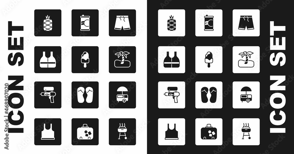 Set Swimming trunks, Ice cream, Life jacket, Pineapple, Tropical palm tree, Soda can, Fast street food cart and Water gun icon. Vector Set Swimming trunks, Ice cream, Life jacket, Pineapple, Tropical palm tree, Soda can, Fast street food cart and Water gun icon. Vector