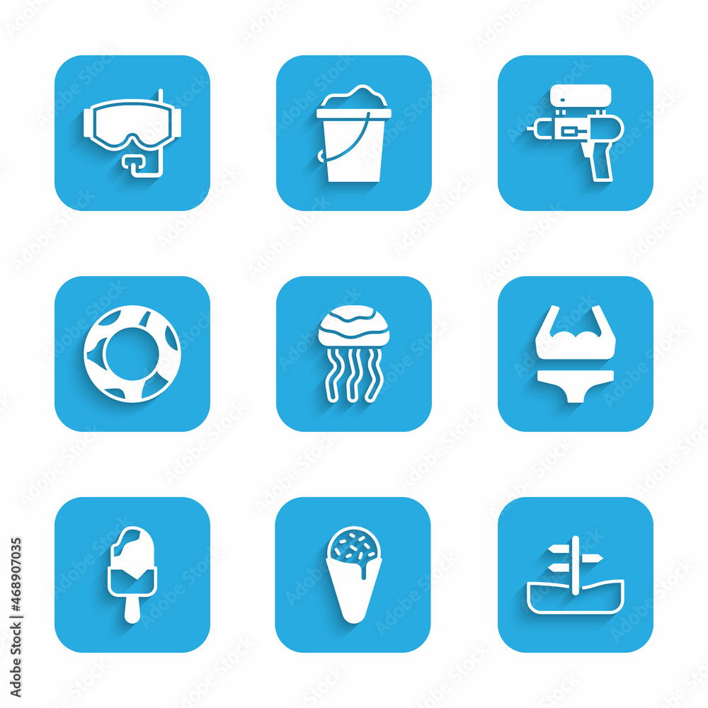 Set Jellyfish, Ice cream in waffle cone, Road traffic sign, Swimsuit, Rubber swimming ring, Water gun and Diving mask icon. Vector Set Jellyfish, Ice cream in waffle cone, Road traffic sign, Swimsuit, Rubber swimming ring, Water gun and Diving mask icon. Vector