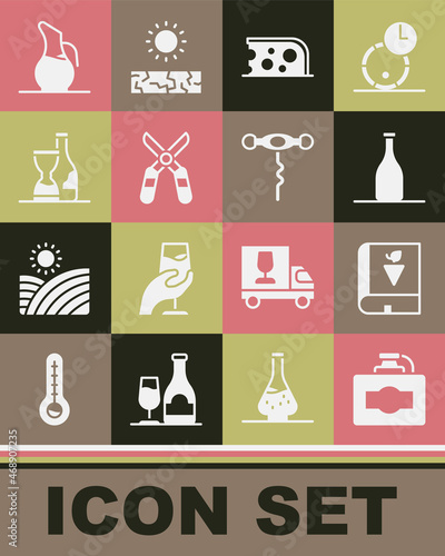 Set Cardboard box of wine, Book about grapes, Bottle, Cheese, Gardening scissors, Decanter for and Wine corkscrew icon. Vector