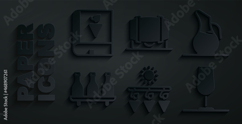 Set Drying grapes, Decanter for wine, Bottle of, Wine glass, Wooden barrel and Book about icon. Vector