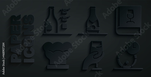 Set Wine tasting, degustation, Book about wine, Chef hat, Wooden barrel for, Champagne bottle and Bottle of icon. Vector