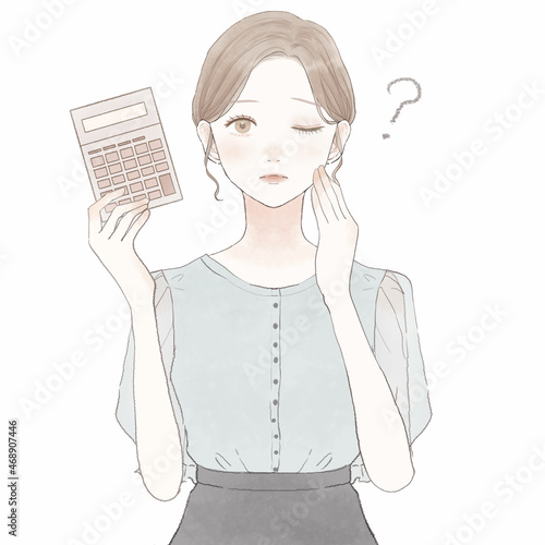 電卓を持った、疑問を持っている女性