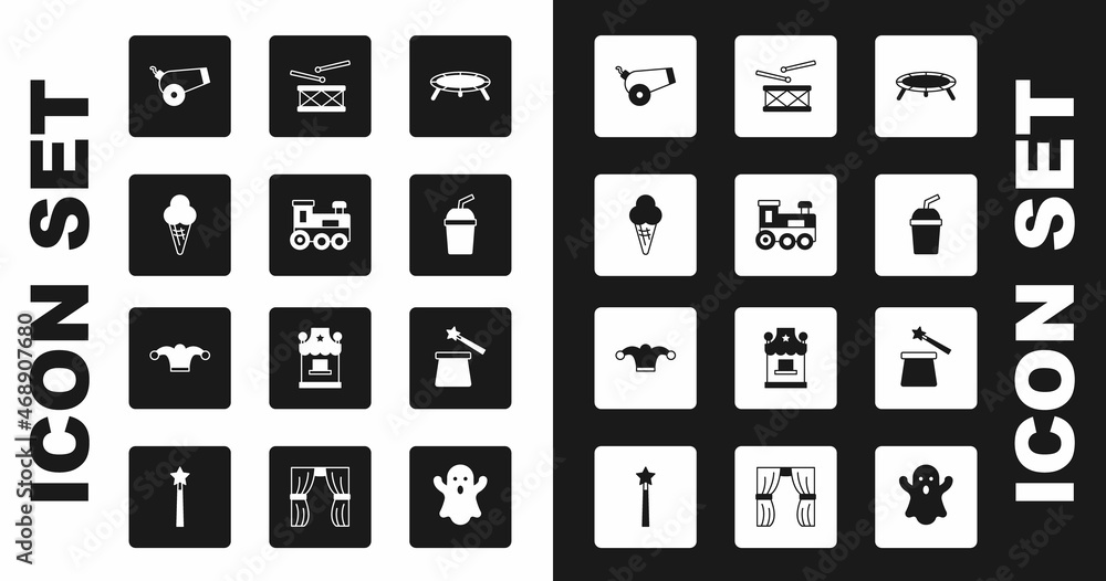 Set Jumping trampoline, Toy train, Ice cream waffle cone, Cannon, Paper glass with water, Drum drum sticks, Magic hat and wand and Jester bells icon. Vector Set Jumping trampoline, Toy train, Ice cream waffle cone, Cannon, Paper glass with water, Drum drum sticks, Magic hat and wand and Jester bells icon. Vector