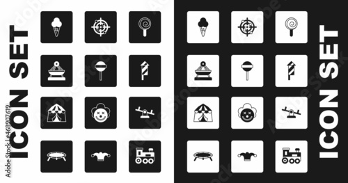 Set Lollipop, Boat swing, Ice cream waffle cone, Firework rocket, Target sport, Seesaw and Circus tent icon. Vector