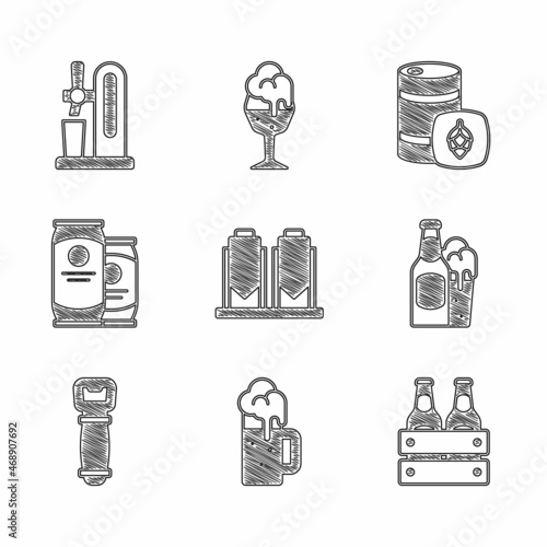 Set Beer brewing process, Wooden beer mug, Pack of bottles, and glass, Bottle opener, can, Metal keg and tap with icon. Vector