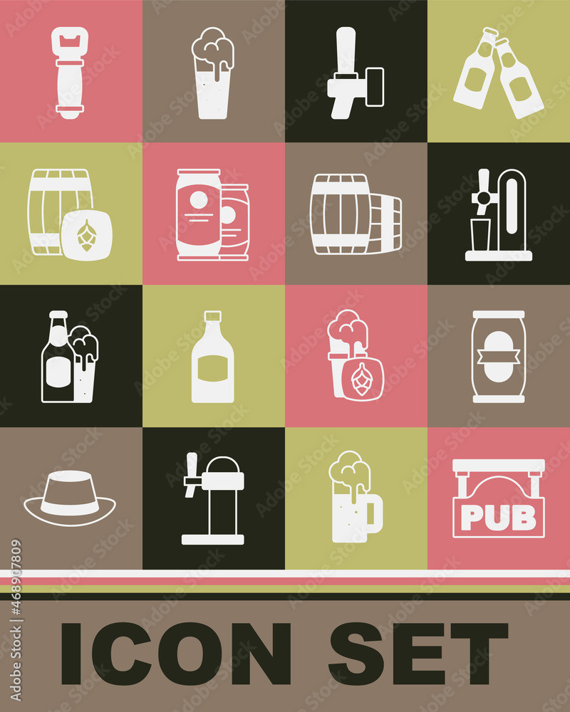 Set Street signboard with Pub, Beer can, tap glass, Wooden barrel, Bottle opener and icon. Vector Set Street signboard with Pub, Beer can, tap glass, Wooden barrel, Bottle opener and icon. Vector