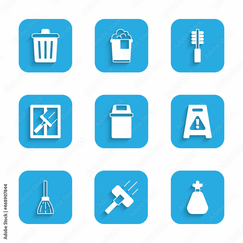 Set Trash can, Vacuum cleaner, Garbage bag, Wet floor, Handle broom, Rubber for windows, Toilet brush and icon. Vector Set Trash can, Vacuum cleaner, Garbage bag, Wet floor, Handle broom, Rubber for windows, Toilet brush and icon. Vector