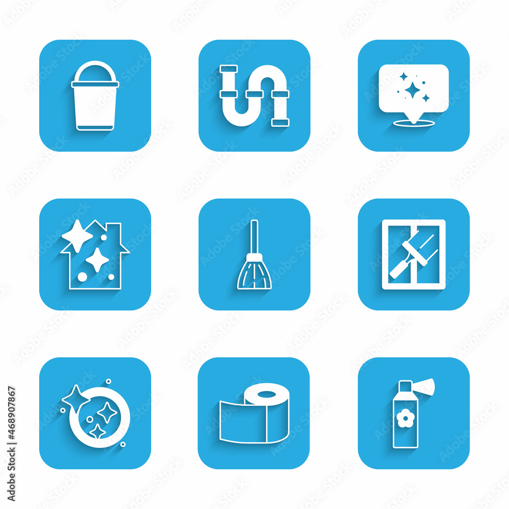 Set Handle broom, Toilet paper roll, Air freshener spray bottle, Rubber cleaner for windows, Washing dishes, Home cleaning service, and Bucket icon. Vector Set Handle broom, Toilet paper roll, Air freshener spray bottle, Rubber cleaner for windows, Washing dishes, Home cleaning service, and Bucket icon. Vector