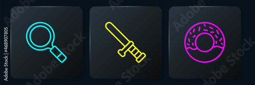 Set line Magnifying glass with search, Donut and Police rubber baton. Black square button. Vector