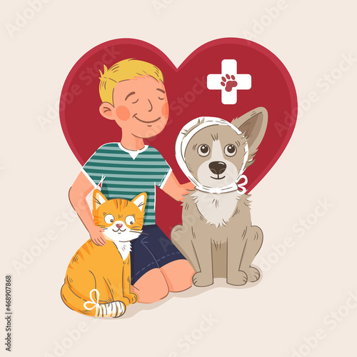 Vector illustration for a veterinary clinic. Boy with a sick dog and a red cat with a bandaged tail