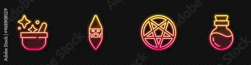 Set line Pentagram in a circle, Witch cauldron, Wizard warlock and Bottle with potion. Glowing neon icon. Vector