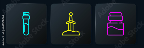 Set line Bottle with potion, and Sword in the stone. Black square button. Vector