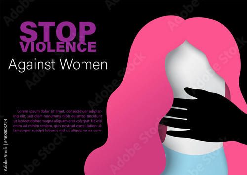 Closeup human violence in paper cut style with wording about International day for the elimination of Violence Against Women, example texts and blue paper pattern background.