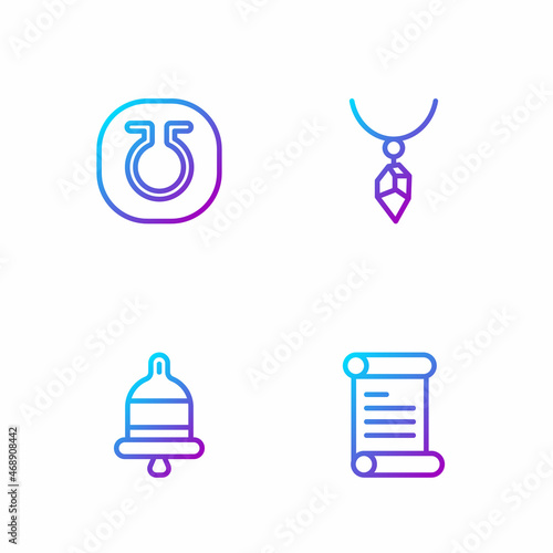 Set line Decree, parchment, scroll, Ringing alarm bell, Life and Necklace with crystal. Gradient color icons. Vector