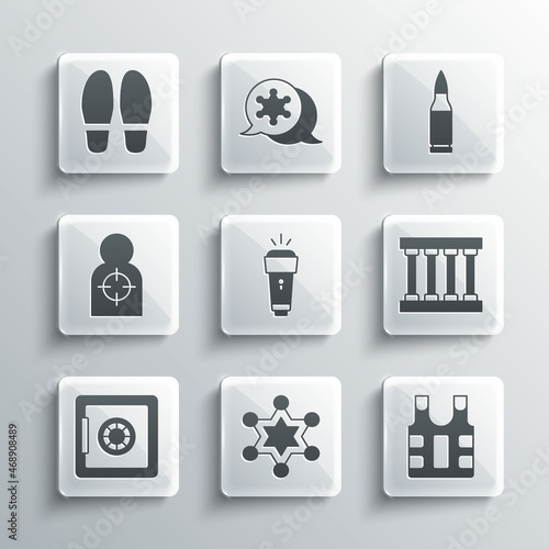Set Hexagram sheriff, Bulletproof vest, Prison window, Flashlight, Safe, Human target sport for shooting, Footsteps and icon. Vector